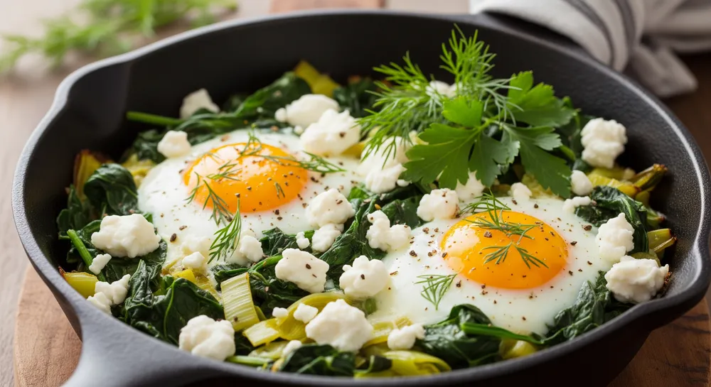 Baked eggs with spring greens & feta