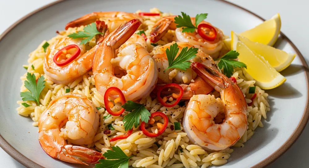 🍤 Garlic butter prawns with orzo